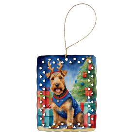 Welsh Terrier Christmas Reindeer Porcelain Ornament Christmas Tree Hanging Decorations for Home Christmas Holiday, Rectangle, Gift, Multicolor