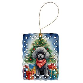 Black Toy Poodle Christmas Reindeer Porcelain Ornament Christmas Tree Hanging Decorations for Home Christmas Holiday, Rectangle, Gift, Multicolor