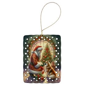 Finnish Spitz and Santa Claus Porcelain Ornament Christmas Tree Hanging Decorations for Home Christmas Holiday, Rectangle, Gift, Multicolor (Default: Default)